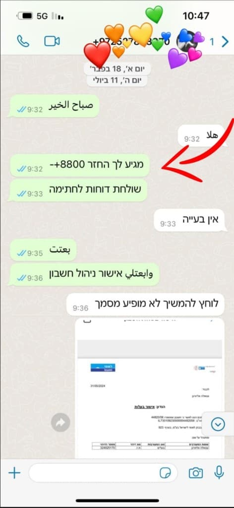 צילום שיחת וואטסאפ עם לקוח: הודעה על זכאות להחזר מס בסך 8,800 ש"ח, ולאחריה שליחת דוחות לחתימה ואישור ניהול חשבון