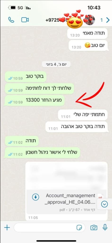 צילום שיחת וואטסאפ עם לקוח: הודעה על זכאות להחזר מס בסך 13,300 ש"ח, ולאחריה אישור ניהול חשבון